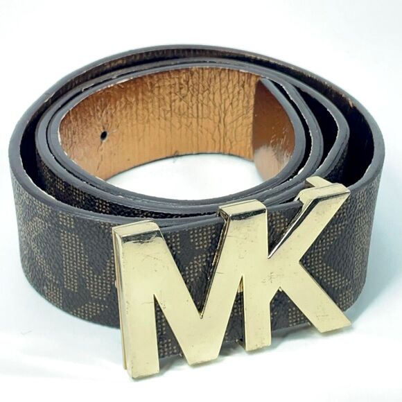 Michael Kors Gold MK Buckle Dark Brown Monogram Letters Belt 42\